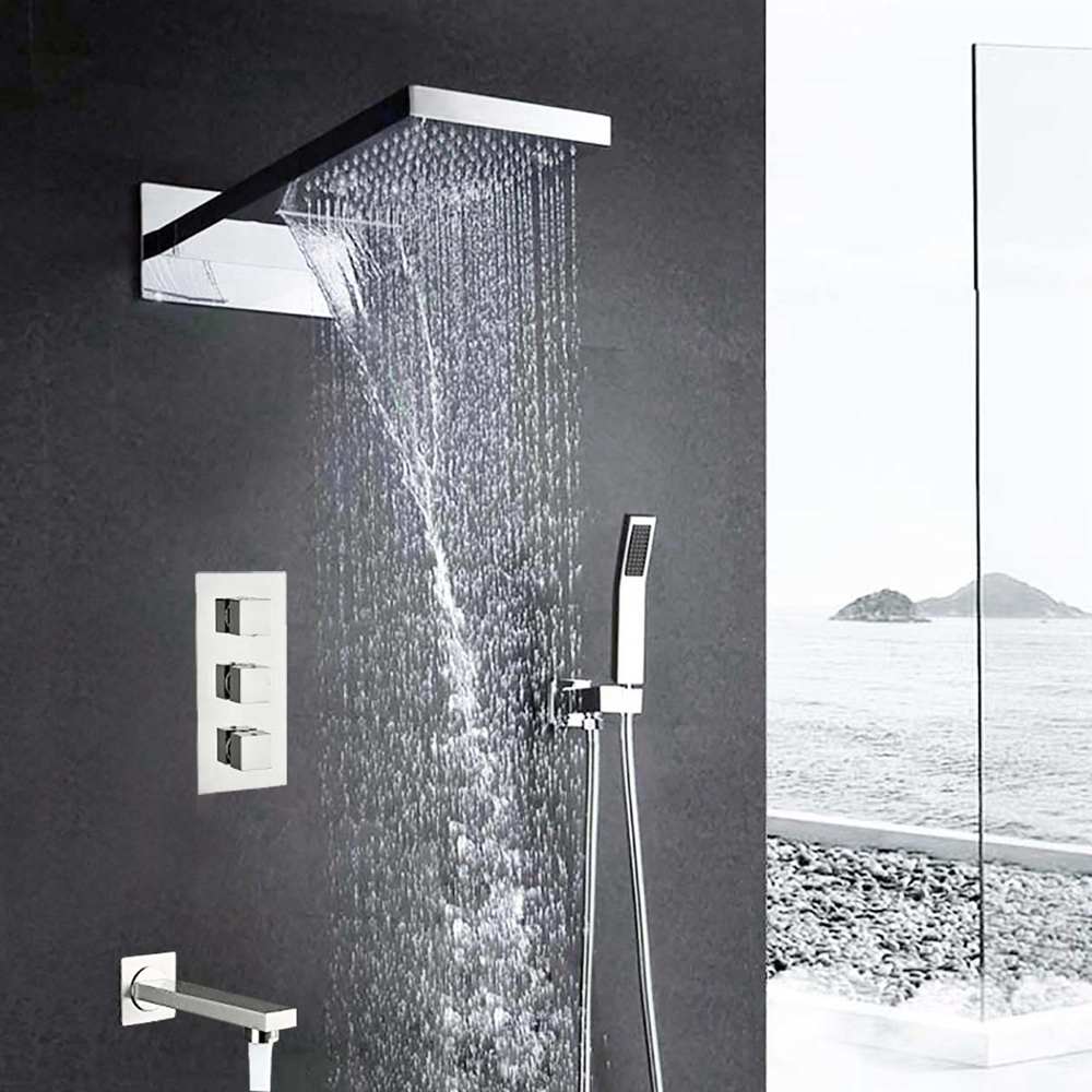 Fontana Florence Wall Mount Waterfall Rainfall Chrome Finish Shower Head With Handheld Shower And Faucet Spout